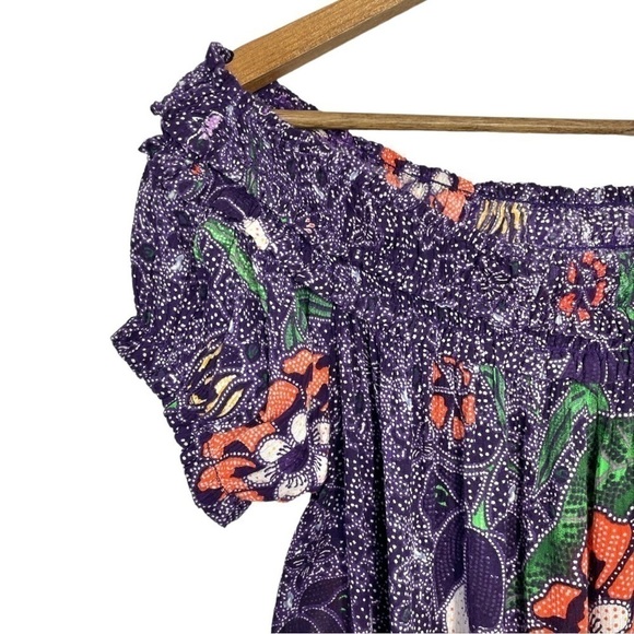 Free People One Suki Smocked Off Shoulder Purple Floral Blouse NWT - Picture 4 of 11